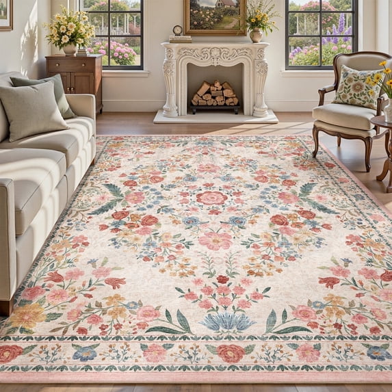 SIXHOME 9'x12' Vintage Floral Area Rug, Washable Soft Non-Slip Rose Garden Carpet, Traditional Romantic Rug for Living Room Bedroom Dining Room, Beige Pink Multi