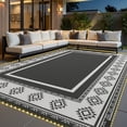 thumbnail image 1 of SIXHOME 9'x12' Feet Waterproof Outdoor Rug with LED Strip Lights - Reversible Black & White Plastic Patio Mat, Non-Slip Durable Moroccan Geometric Design for Camping, RV, Balcony, Porch, Picnic, 1 of 7