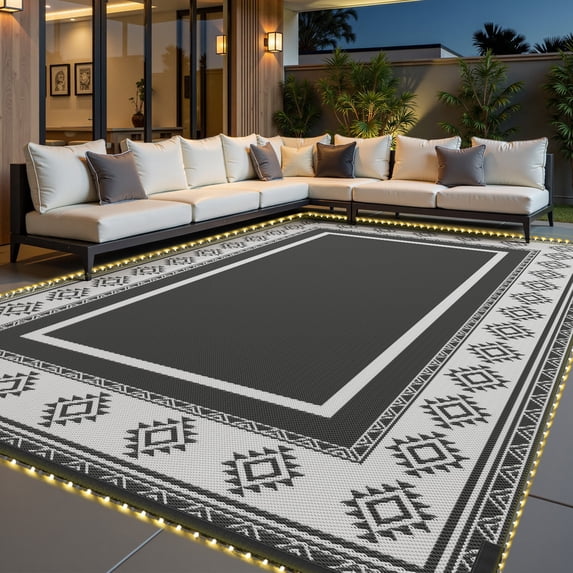 SIXHOME 9'x12' Feet Waterproof Outdoor Rug with LED Strip Lights - Reversible Black & White Plastic Patio Mat, Non-Slip Durable Moroccan Geometric Design for Camping, RV, Balcony, Porch, Picnic
