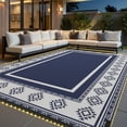 thumbnail image 1 of SIXHOME 9'x12' Feet Waterproof Outdoor Rug with LED Strip Lights - Reversible Blue & White Plastic Patio Mat, Non-Slip Durable Moroccan Geometric Design for Camping, RV, Balcony, Porch, Picnic, 1 of 6