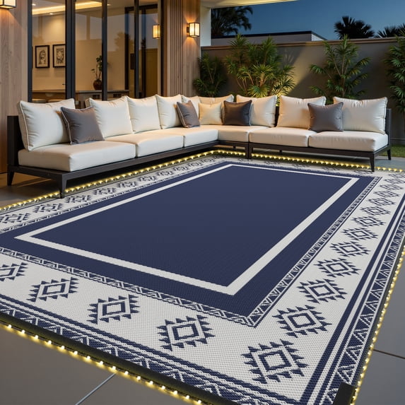 SIXHOME 9'x12' Feet Waterproof Outdoor Rug with LED Strip Lights - Reversible Blue & White Plastic Patio Mat, Non-Slip Durable Moroccan Geometric Design for Camping, RV, Balcony, Porch, Picnic