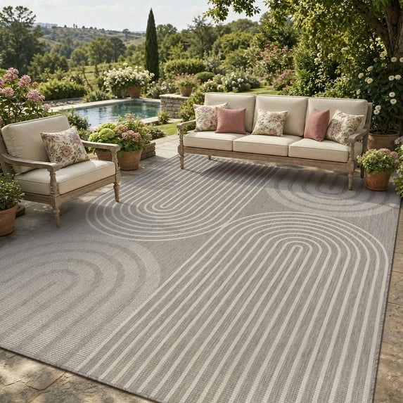 SIXHOME 9'x12' Outdoor Patio Rug, Geometric Indoor Outdoor Area Rug with Arch Stripe Pattern for Deck, Porch, Backyard, RV, Garden, Gray