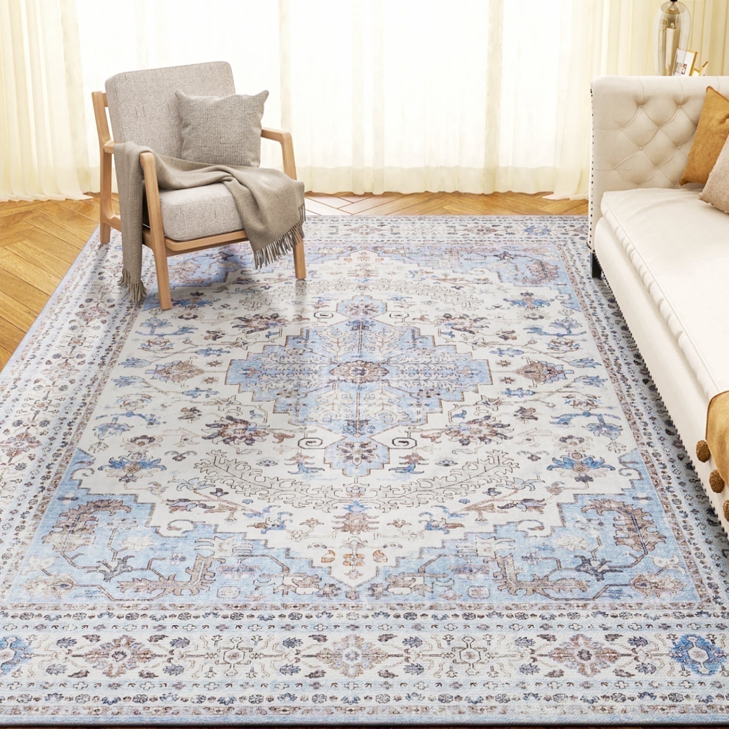 Low Profile Blue Rug SIXHOME Low Profile Washable 5x7 Area Rug, Pet Friendly, Traditional ...