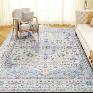 SIXHOME Area Rug 5'x7' Soft Washable Rugs for Living Room Non Slip Carpet Vintage Medallion Bedroom Indoor Floor Rugs Distressed Blue