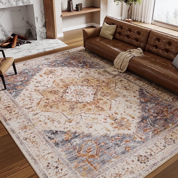 SIXHOME Area Rug 8'x10' Soft Washable Rugs for Living Room Non Slip Carpet Medallion Bedroom Indoor Floor Rugs Distressed Vintage Orange