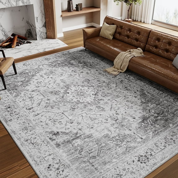 SIXHOME Area Rug 8'x10' Soft Washable Rugs for Living Room Non Slip Carpet Vintage Medallion Bedroom Indoor Floor Rugs Distressed Orange Gray