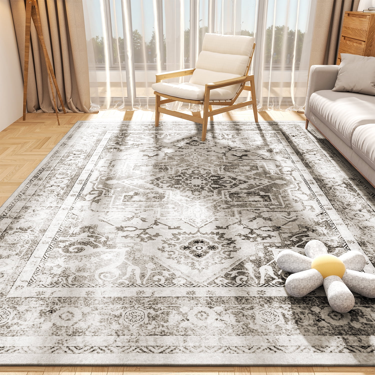 Area Rug Living Room Rugs - 5x7 Washable Large Soft Neutral Boho Moroccan  Bohemian Farmhouse Rug Indoor Floor Carpet for Bedroom Under Dining Table