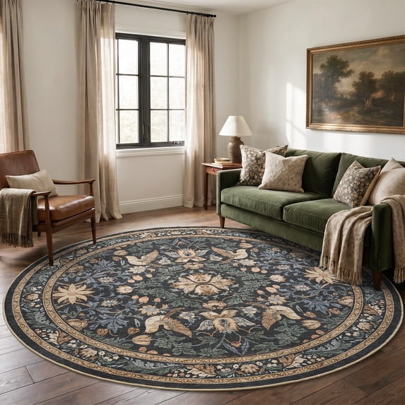 SIXHOME 6'x6' Round Rugs for Living Room Botanical Washable Rugs Boho Floral Birds Carpet Ultra Soft Nature Plants Modern Indoor Rugs for Bedroom Dining Room Office Vintage Home Decor Dark Green