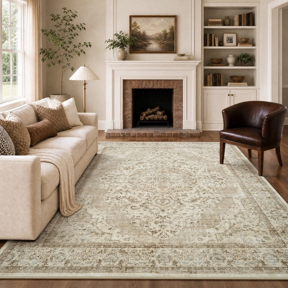 SIXHOME 8' x 10' Area Rug for Living Room Vintage Oriental Medallion Rug Soft Distressed Washable Non Slip Beige Persian Rug for Bedroom Dining Room Home Decor