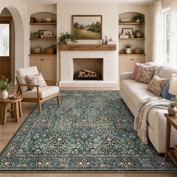 SIXHOME 5'x7' Area Rugs for Living Room Non Slip Washable Rugs Floral Farmhouse Rugs for Bedroom Dining Room Office Soft Indoor Carpet Vintage Home Decor,Dark Green