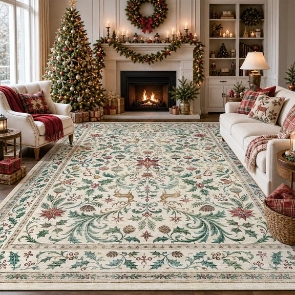 SIXHOME Christmas 8'x10'Area Rug for Living Room Soft Machine Washable Christmas Rug with Non-Slip Sponge Backing Lightweight Holiday Rug for High Traffic Areas Festive Christmas Home Decor