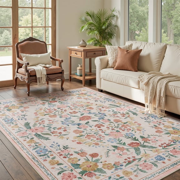 SIXHOME 5'x7' Area Rugs for Living Room Non Slip Washable Rugs for Bedroom Dining Room Office Farmhouse Watercolor Floral Accent Rugs Soft Indoor Carpet Vintage Home Decor Beige