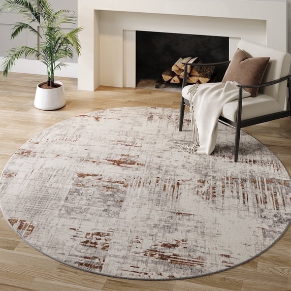 SIXHOME Modern Abstract Round Rugs for Living Room Washable Rugs 6Ft Circle Soft Neutral Carpet Rug for Bedroom Dining Room Office Aesthetic Home Decor Brown