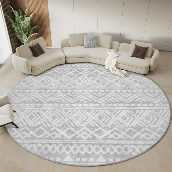 SIXHOME Boho Round Rugs for Living Room Washable Rugs 8Ft Circle Soft Modern Geometric Neutral Carpet Indoor Rug for Bedroom Dining Room Office Foldable Nonslip Round Rug Gray