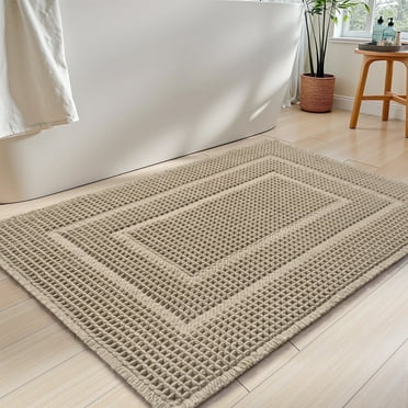 SIXHOME Bathroom Rugs Mat Waffle Bath Rug Super Absorbent Non Slip Bath Mat Machine Washable Rubber Backed Bathroom Mat with Tassels Ultra Soft Boho Bathroom Decor 18" x 30" Brown