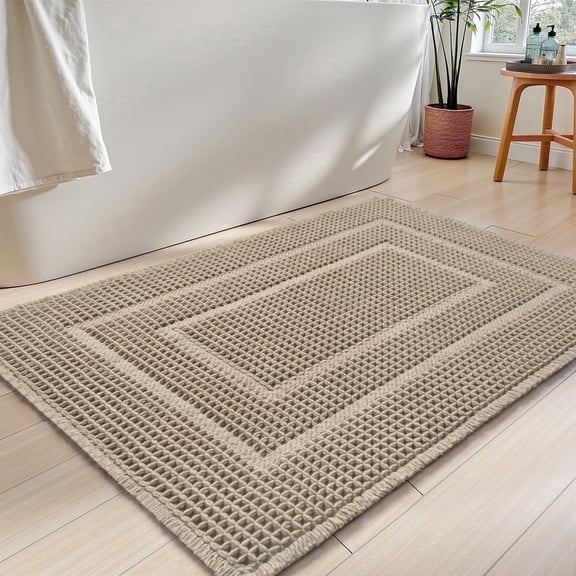 SIXHOME Waffle Bath Mat for Bathroom, Soft Plush Absorbent Non Slip Bathroom Rug, Quick Dry Machine Washable Bath Mat with Rubber Backing, Boho Tassel Floor Rug, 18"x30" Brown