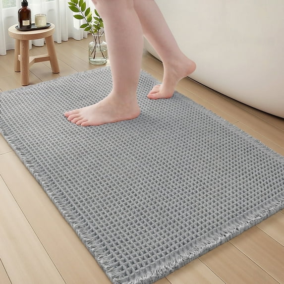 SIXHOME Bathroom Rugs Waffle Bath Rug Super Soft Absorbent Non Slip Bath Mat Beside Tub Rubber Backed Machine Washable Bathroom Rugs with Tassels Boho Bathroom Decor 24" x 36" Gray