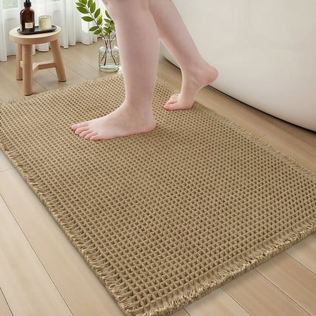 SIXHOME Bathroom Rugs Waffle Bath Rug Super Soft Absorbent Non Slip Bath Mat Beside Tub Rubber Backed Machine Washable Bathroom Rugs with Tassels Boho Bathroom Decor 24" x 36" Brown