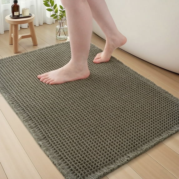 SIXHOME Bathroom Rugs Waffle Bath Rug Super Soft Absorbent Non Slip Bath Mat Beside Tub Rubber Backed Machine Washable Bathroom Rugs with Tassels Boho Bathroom Decor 17" x 24" Green