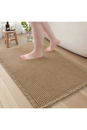 Bathroom Rugs Waffle Bath Rug Super Soft Absorbent Non Slip Bath Mat Beside Tub Rubber Backed Machine Washable Bathroom Rugs with Tassels Boho Bathroom Decor 17" x 24" Brown