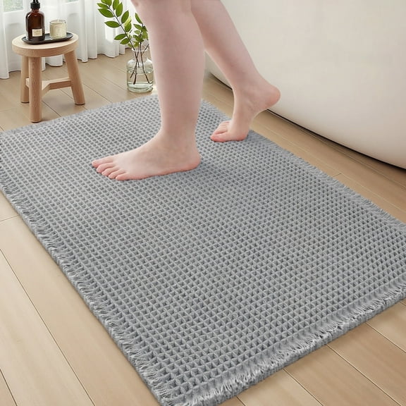 SIXHOME Bathroom Rugs Waffle Bath Rug Super Soft Absorbent Non Slip Bath Mat Beside Tub Rubber Backed Machine Washable Bathroom Rugs with Tassels Boho Bathroom Decor 17" x 24" Gray