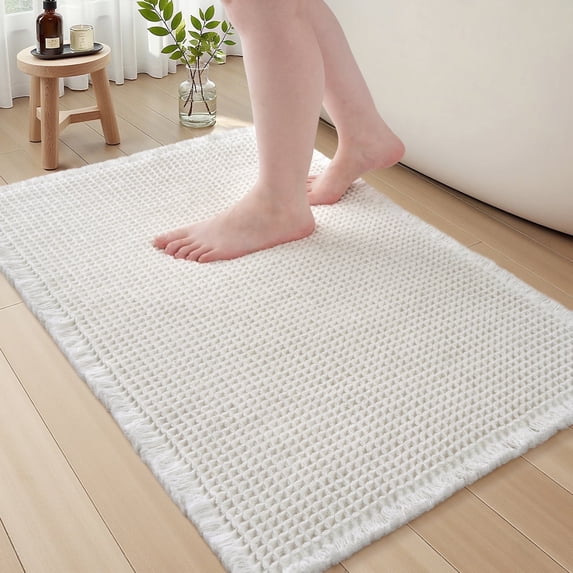 SIXHOME Bathroom Rugs Waffle Bath Rug Super Soft Absorbent Non Slip Bath Mat Beside Tub Rubber Backed Machine Washable Bathroom Rugs with Tassels Boho Bathroom Decor 18" x 30"