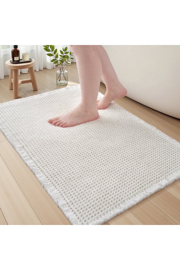 Bathroom Rugs Waffle Bath Rug Super Soft Absorbent Non Slip Bath Mat Beside Tub Rubber Backed Machine Washable Bathroom Rugs with Tassels Boho Bathroom Decor 17" x 24" White