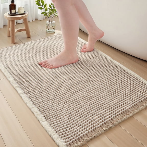 SIXHOME Bathroom Rugs Waffle Bath Rug Super Soft Absorbent Non Slip Bath Mat Beside Tub Rubber Backed Machine Washable Bathroom Rugs with Tassels Boho Bathroom Decor 17" x 24" Beige