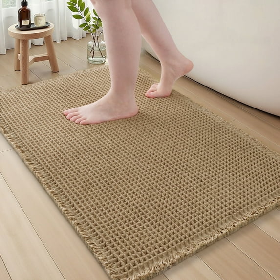 SIXHOME Bathroom Rugs Waffle Bath Rug Super Soft Absorbent Non Slip Bath Mat Beside Tub Rubber Backed Machine Washable Bathroom Rugs with Tassels Boho Bathroom Decor 20" x 32" Brown