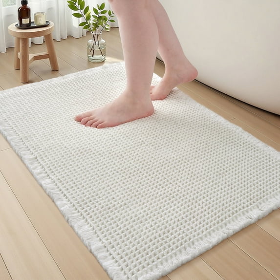 SIXHOME Bathroom Rugs Waffle Bath Rug Super Soft Absorbent Non Slip Bath Mat Beside Tub Rubber Backed Machine Washable Bathroom Rugs with Tassels Boho Bathroom Decor 20" x 32" White