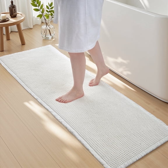 SIXHOME Bathroom Rugs Waffle Bathroom Runner 2' x 6' Super Soft Absorbent Non Slip Bath Mat Beside Tub Rubber Backed Machine Washable Bathroom Rugs with Tassels Boho Bathroom Decor White