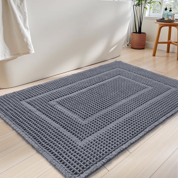 SIXHOME Bathroom Rugs Mat Waffle Bath Rug Super Absorbent Non Slip Bath Mat Machine Washable Rubber Backed Bathroom Mat with Tassels Ultra Soft Boho Bathroom Decor 17" x 24" Gray