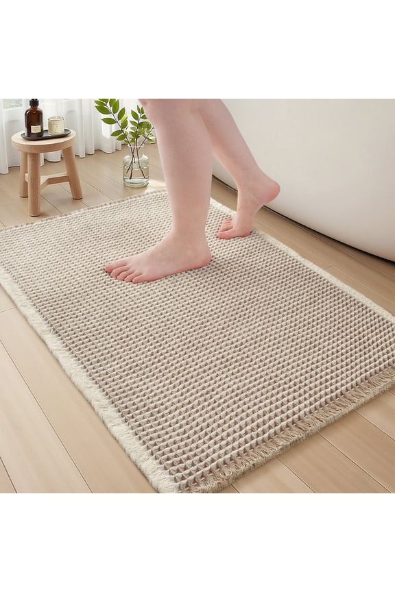 Bathroom Rugs Waffle Bath Rug Super Soft Absorbent Non Slip Bath Mat Beside Tub Rubber Backed Machine Washable Bathroom Rugs with Tassels Boho Bathroom Decor 17" x 24" Beige