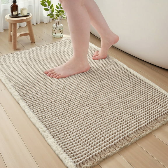 SIXHOME Bathroom Rugs Waffle Bath Rug Super Soft Absorbent Non Slip Bath Mat Beside Tub Rubber Backed Machine Washable Bathroom Rugs with Tassels Boho Bathroom Decor 20" x 32" Yellow