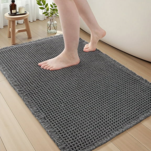 SIXHOME Bathroom Rugs Waffle Bath Rug Super Soft Absorbent Non Slip Bath Mat Beside Tub Rubber Backed Machine Washable Bathroom Rugs with Tassels Boho Bathroom Decor 24" x 36" Dark Gray