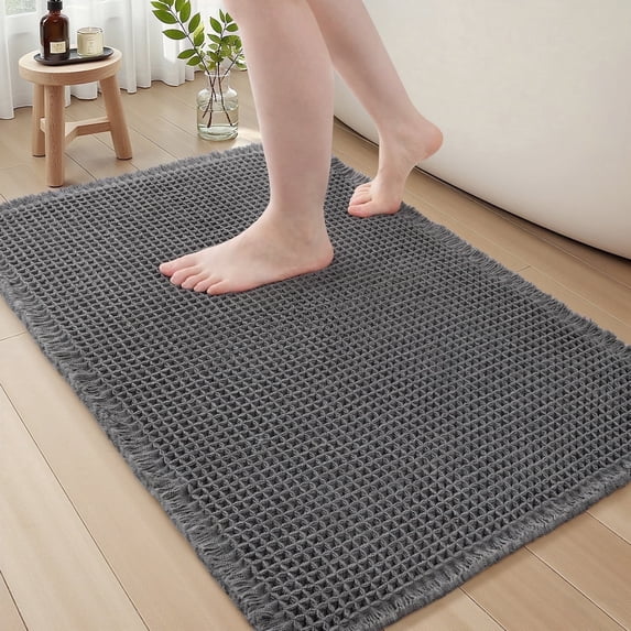 SIXHOME Bathroom Rugs Waffle Bath Rug Super Soft Absorbent Non Slip Bath Mat Beside Tub Rubber Backed Machine Washable Bathroom Rugs with Tassels Boho Bathroom Decor 24" x 36" Dark Gray