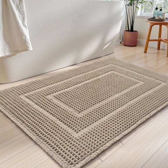 SIXHOME Bathroom Rugs Mat Waffle Bath Rug Super Absorbent Non Slip Bath Mat Machine Washable Rubber Backed Bathroom Mat with Tassels Ultra Soft Boho Bathroom Decor 17" x 24" Brown