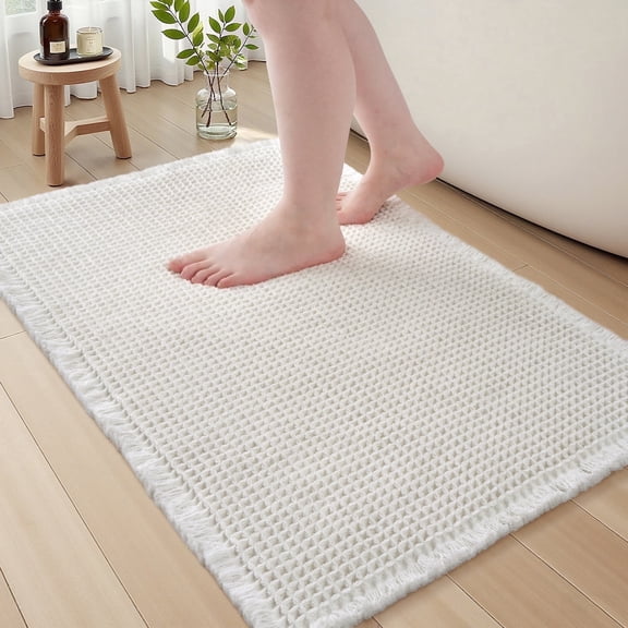 SIXHOME Bathroom Rugs Waffle Bath Rug Super Soft Absorbent Non Slip Bath Mat Beside Tub Rubber Backed Machine Washable Bathroom Rugs with Tassels Boho Bathroom Decor 17" x 24" White