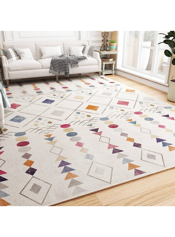 SIXHOME Boho 5x7 Area Rugs Living Room Washable Modern Indoor Carpets Non Slip Floor Rugs for Bedroom Geometric Rugs for Nursery Dorm Beige and Colorful