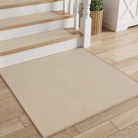 SIXHOME Non Slip Stair Treads for Wooden Steps Square Natural Woven Carpet Stair Tread Rubber Backing Washable Polyester Stair Rugs Stair Mats Indoor for Stairs and Landing Beige