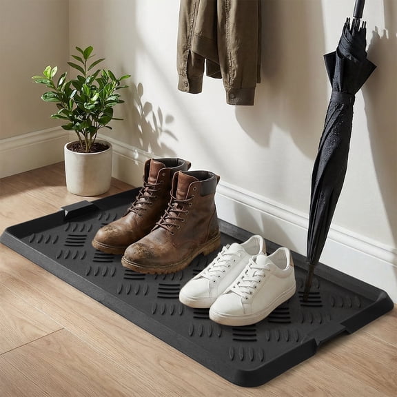 SIXHOME Heavy Duty Rubber Boot Tray Waterproof Non Slip Shoe Mat with Lip Durable Entryway Shoe Organizer Tray for Front Door Indoor Outdoor Muddy Shoes Storage 16" x 47.5" Crosshatch Black