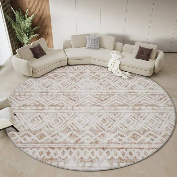 SIXHOME 5ft Round Rugs for Living Room Washable Boho Soft Modern Geometric Neutral Carpet Indoor Rug for Bedroom Dining Room Office Foldable Non Slip Taupe