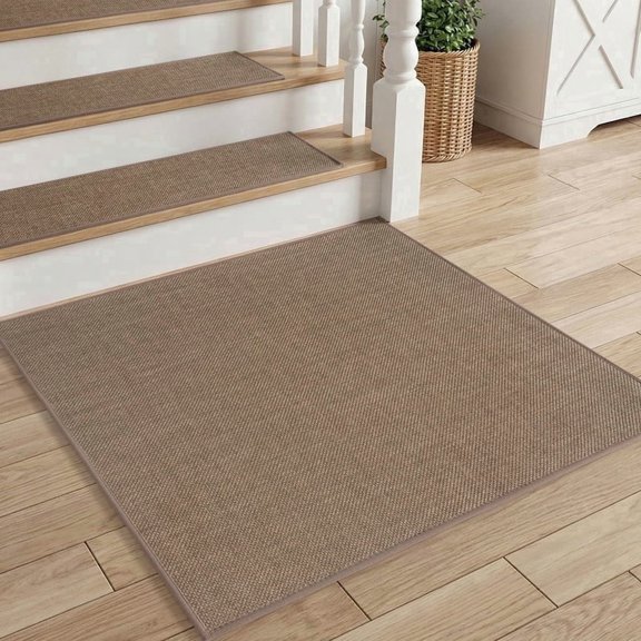 SIXHOME Non Slip Stair Treads for Wooden Steps Square Natural Woven Carpet Stair Tread Rubber Backing Washable Polyester Stair Rugs Stair Mats Indoor for Stairs and Landing Tan