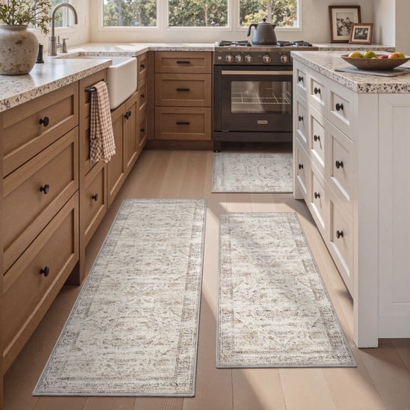 SIXHOME 3-Piece Kitchen Rugs and Runner Set Washable Vintage Kitchen Mat Non-Slip Low-Profile Rugs for Kitchen Sink Laundry Bedside 20"x32"+20"x48"+20"x59" Beige