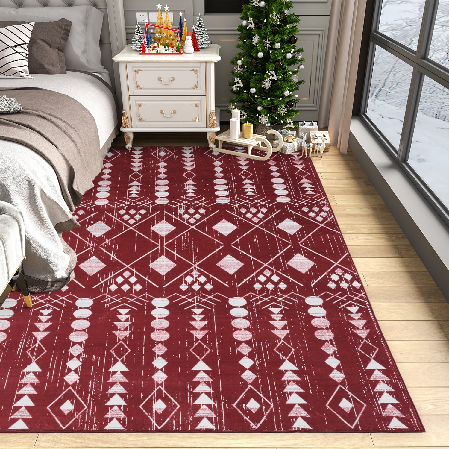 SIXHOME Christmas Area Rug 3x5 for Small Living Room Red Geometric Soft