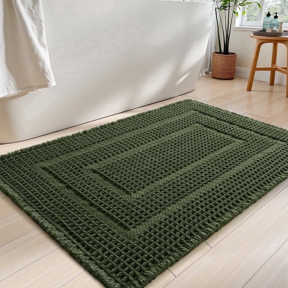 SIXHOME Waffle Bath Mat for Bathroom, Soft Absorbent Non Slip Bathroom Rug with Rubber Backing, Machine Washable, Boho Tassel, 18"x30" Green