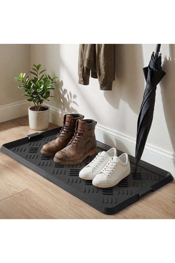 Heavy Duty Rubber Boot Tray Waterproof Non Slip Shoe Mat with Lip Durable Entryway Shoe Organizer Tray for Front Door Indoor Outdoor Muddy Shoes Storage 17“x27" Crosshatch Black