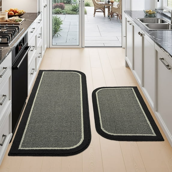 SIXHOME 2-Piece Non-Slip Kitchen Rugs, Washable Twill Half Circle Mats 20"x32" & 20"x47", Black for Sink, Laundry