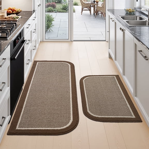 SIXHOME 2-Piece Non-Slip Kitchen Rugs, Washable Twill Half Circle Mats 20"x32" & 20"x47", Brown for Sink, Laundry