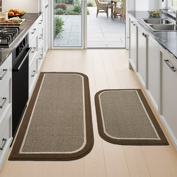 SIXHOME 2-Piece Non-Slip Kitchen Rugs, Washable Twill Half Circle Mats 20"x32" & 20"x47", Brown for Sink, Laundry